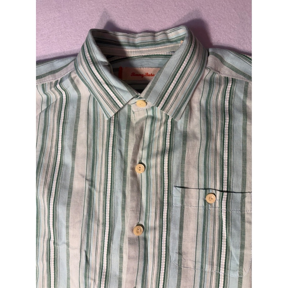 Tommy Bahama Mens Medium Green Striped Cotton Linen Short Sleeve Button Up Shirt